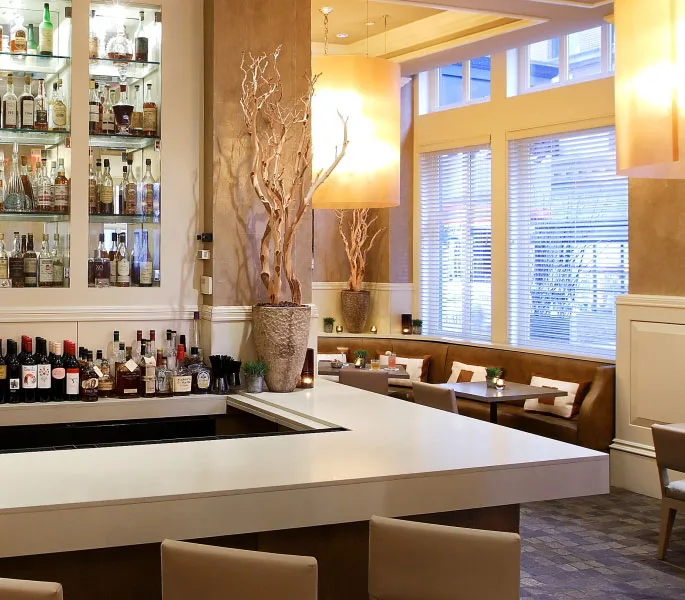 white marble bar located with in our restaurant, Mooo
