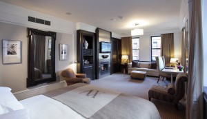 Boston Common Studio - 485 square feet. Sun filled sitting area with corner views of historic Beacon Street. Comfortable Queen size pull-out sofa bed ($35.00 charge) in front of the fireplace, 42" flat screen TV, large wooden desk. Imported marble bathroom with a rainforest shower and whirlpool tub (combination) King bed.