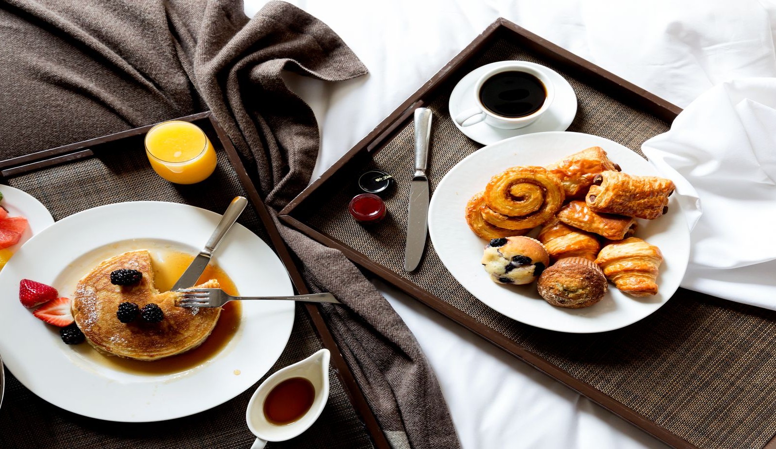 Breakfast in bed with fresh muffins, croissants, and pastries. Maybe you would like our famous pancakes? Both are available in Mooo restaurant or through room service.