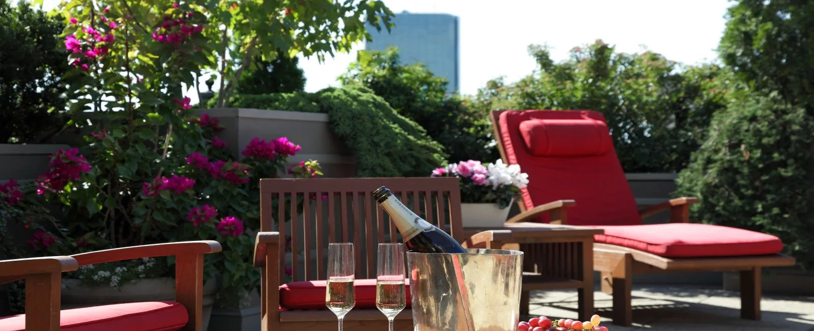 Photograph of our roof deck during the summer season. Bottle of champange and fresh grapes are showcased on the table as you are allowed to bring food and beverages up at your leisure