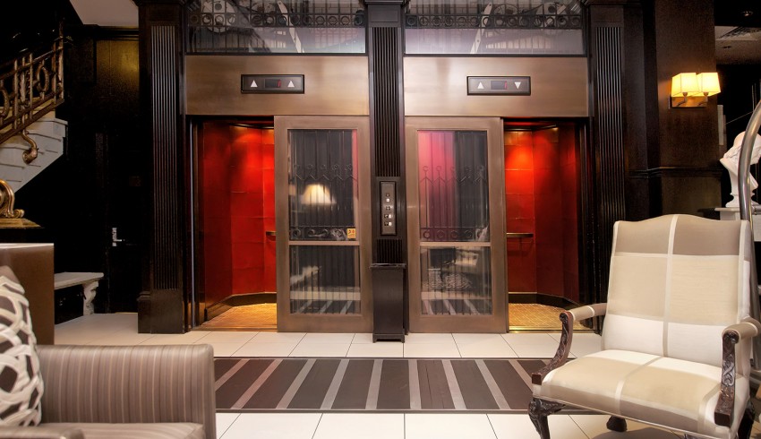 Hotel lobby's historic elevators that is an original feature of the building dating back to 1903
