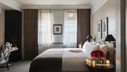 romantic room set up with rose petals on the hotel king size bed