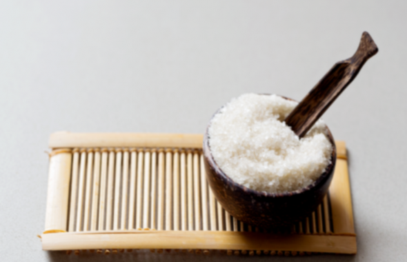 Seasonal bath salts showcased every so nicely on a bamboo display.