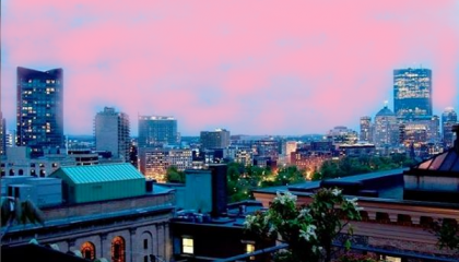 night view from the hotel's roof deck with a pink painted sky for breast cancer awareness month