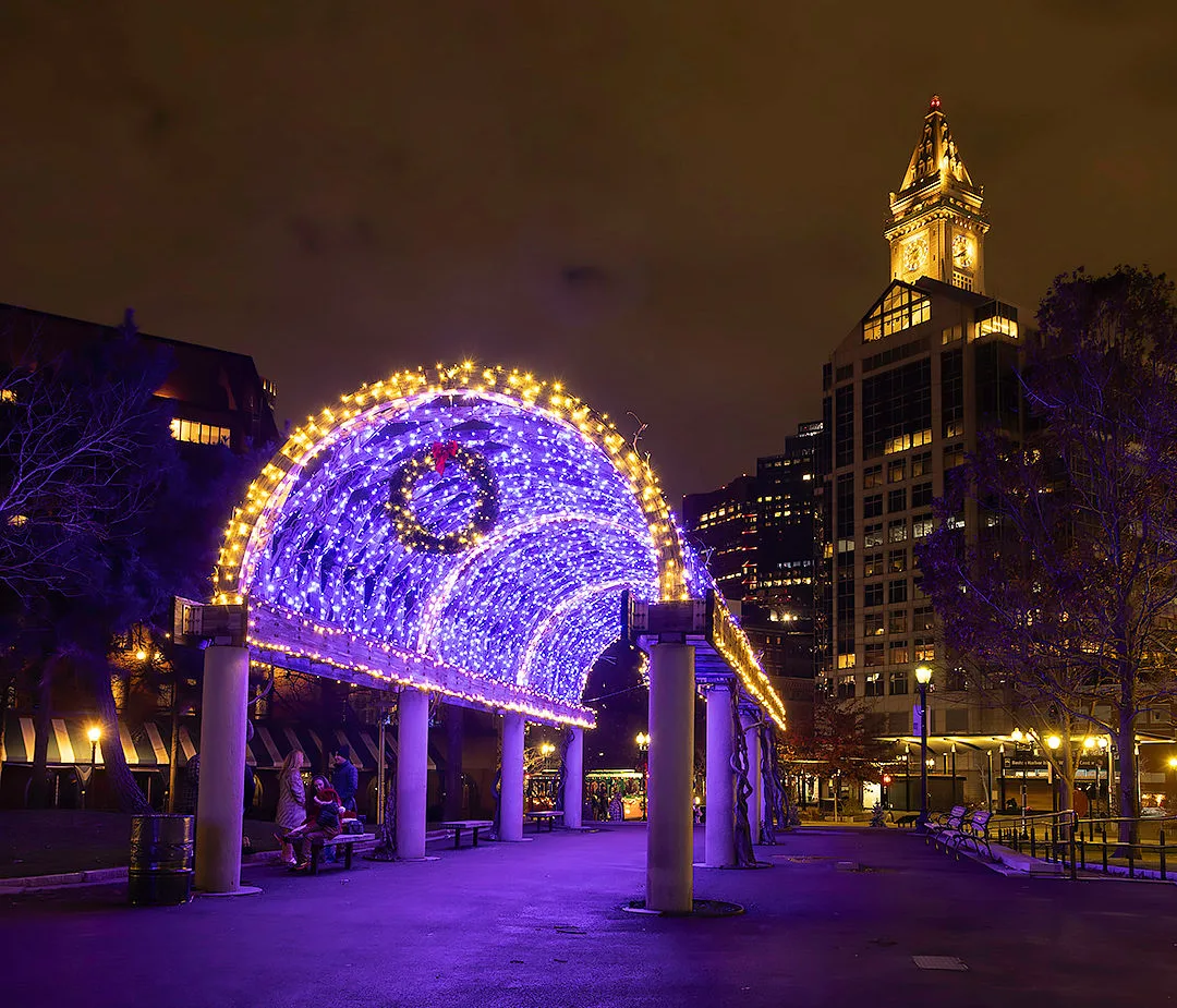 blue and yellow lights in Boston for the Christmas Holiday