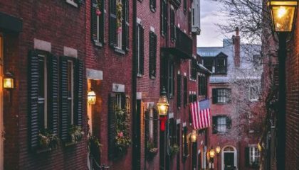 snow covered cobblestone street in Beacon Hill, MA