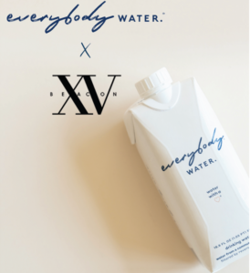 partnership between XV Beacon Hotel and Everybody water with our logo and their water bottle